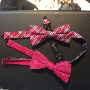 Two handmade 100% silk bow ties w/ red backgrounds